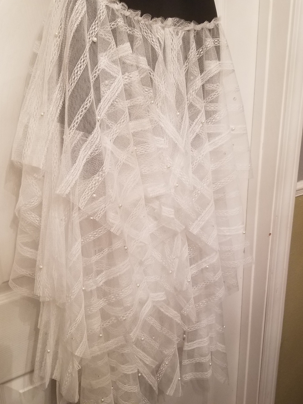 White Lace Layered Pearl Midi Skirt